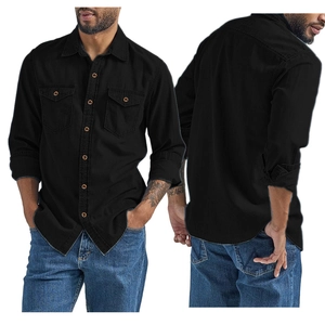 Black denim-style men's long sleeve shirt with front pockets and metallic buttons