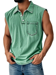 Detail view of washed vintage green sleeveless polo shirt with chest pocket and white buttons