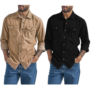 Detail view of khaki and black denim-style shirts with front pockets and buttons