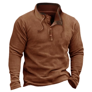 Pullover da uomo in pile marrone caramello a maniche lunghe con scollo henley e cordino