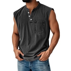 Close-up of men's washed charcoal sleeveless Henley shirt with white contrast buttons