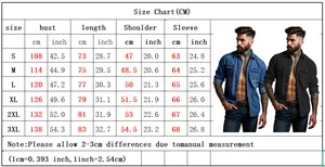 Tabella taglie camicia denim uomo S-3XL con misure di busto, lunghezza, spalla e maniche