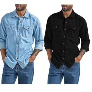 Dual view of men's long sleeve denim shirts in light blue and black with button chest pockets