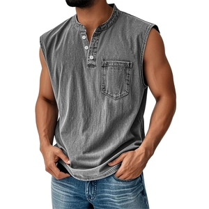 Men's washed grey sleeveless Henley shirt with button placket and chest pocket