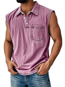 Detail of washed purple men's sleeveless polo shirt with chest pocket and buttoned collar