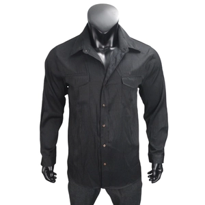 Detailed view of black denim-style men's shirt with double breast pockets and turn-down collar