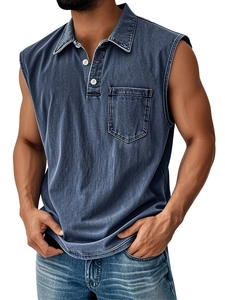 Close-up of men's sleeveless denim polo shirt with washed blue texture and pocket