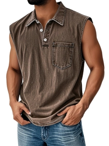 Detail of vintage washed sleeveless polo shirt with white button placket and chest pocket