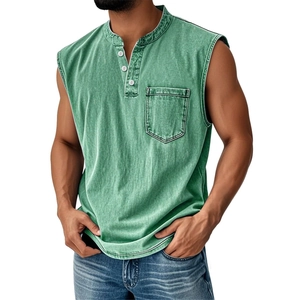 Mens vintage washed green sleeveless Henley shirt with button placket and chest pocket