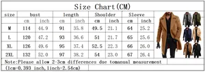Detailed size chart for men double breasted wool coat showing measurements in cm and inches