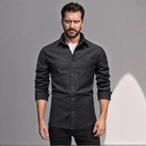 Camicia in denim grigio scuro da uomo vestibilità slim con maniche lunghe e tasca sul petto
