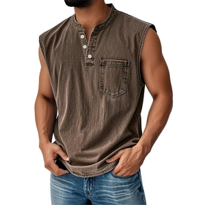 Detail of deep brown sleeveless Henley shirt showing the buttoned collar and chest pocket