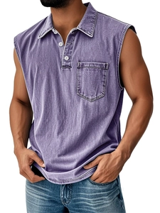 Detail of purple sleeveless polo shirt with washed denim texture and chest pocket