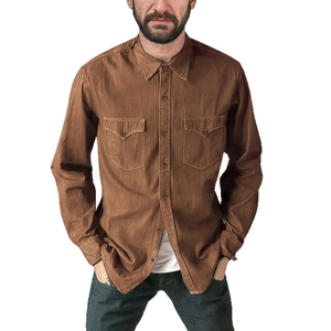 Men's retro brown long sleeve work shirt with dual chest pockets in casual cotton twill