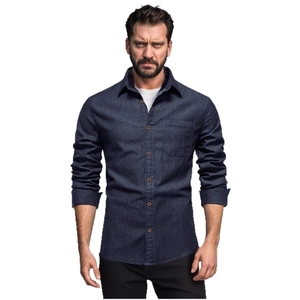 Camicia di jeans slim fit da uomo in blu navy con bottoni frontali e taschino sul petto