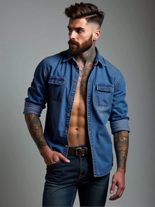 Dettaglio camicia di jeans blu con tasche sul petto e cuciture a contrasto uomo