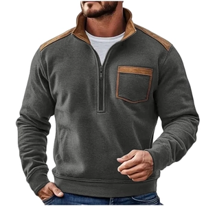 Felpa da uomo grigio scuro con mezza zip e rifiniture in finta pelle marrone