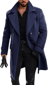 Detail of navy blue wool blend coat featuring classic double-breasted buttons and wide lapels