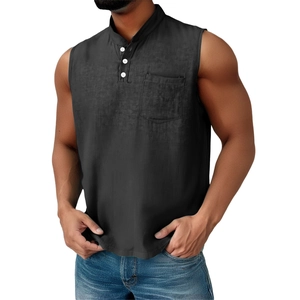 Detail of men's sleeveless black Henley shirt with button placket and chest pocket