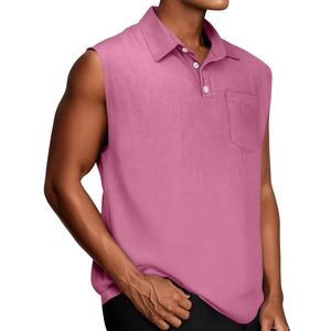 Detail view of pink sleeveless polo shirt featuring linen texture and buttoned placket