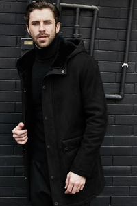 Close-up of men's faux suede hooded coat with thick plush lining and metal snap buttons