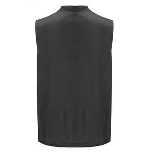 Rear view of men's dark grey sleeveless shirt featuring mandarin collar and fabric texture