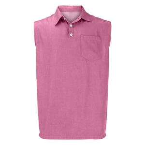 Detail showing the retro pink sleeveless polo shirt texture with pockets and buttons