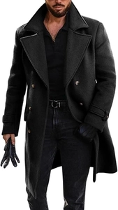 Men's double-breasted black wool coat with wide lapels and adjustable sleeve straps