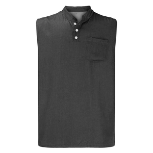 Detail of the stand-up collar and buttoned placket on this men's charcoal grey tank top