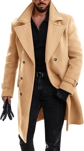 Detail of camel wool pea coat featuring classic double-breasted buttons and wide lapels