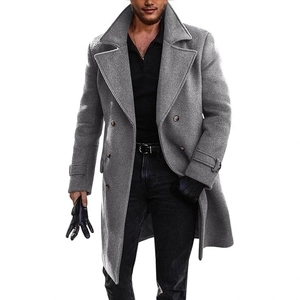 Classic double-breasted grey wool coat for men with wide lapels and professional business style