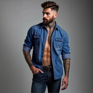 Camicia di jeans blu classica da uomo a maniche lunghe con due tasche sul petto e bottoni