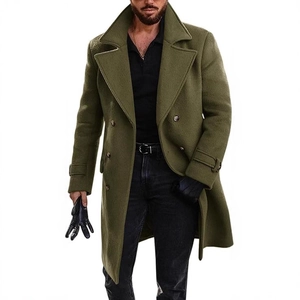 Men's olive green double-breasted wool overcoat with classic lapels and long length cut