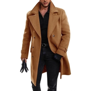 Classic camel double-breasted wool coat for men featuring notched lapels and cuff straps