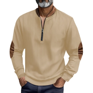 Sudadera de hombre de punto acanalado con cremallera media y coderas decorativas