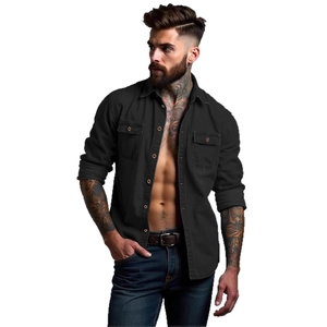 Camicia da uomo in denim nero a maniche lunghe con colletto classico e due tasche sul petto