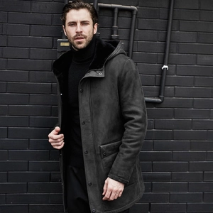 Men's dark grey hooded shearling jacket in faux suede with thick black faux fur lining