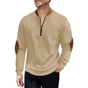 Sudadera de hombre caqui con media cremallera, textura de canalé y coderas marrones