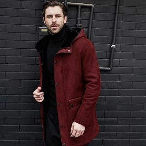 Men's burgundy long hooded faux suede coat with thick black fleece lining and front buttons