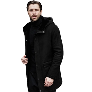 Men's mid-length hooded faux suede shearling coat in black with warm plush lining