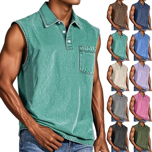 Men's Vintage Washed Sleeveless Polo Shirt Casual Cotton Blend Lapel T-Shirt With Chest Pocket Sleeveless Top For Summer