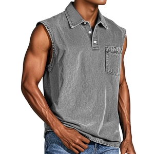 Men's sleeveless polo shirt in washed gray with muscle fit cut and breast pocket