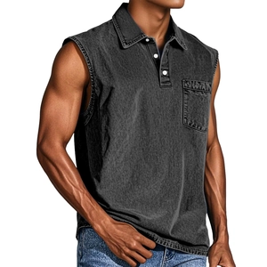 Men's dark gray washed denim sleeveless polo t-shirt with lapel collar and pocket