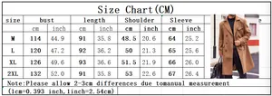 Detailed size chart for men's double-breasted wool blend coat with measurements in CM