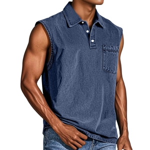 Men's navy sleeveless denim shirt with lapel collar and chest pocket on white background