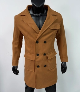 Detail view of double-breasted brown wool coat featuring three functional flap pockets