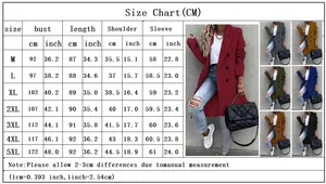 Size chart for women's double-breasted wool coat from size M to 5XL with measurements