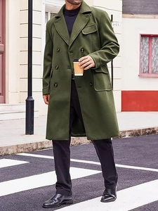Detail of olive green wool blend double-breasted overcoat with refined lapels for men