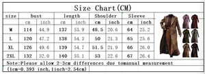 Detailed size chart for long wool coat including bust and length in cm and inches