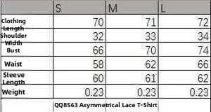 Size guide for elegant off-shoulder lace top showing bust waist and length measurements